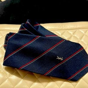 Yves Saint Laurent Navy Blue With Red & White Stripes Vintage Tie White YSL Logo